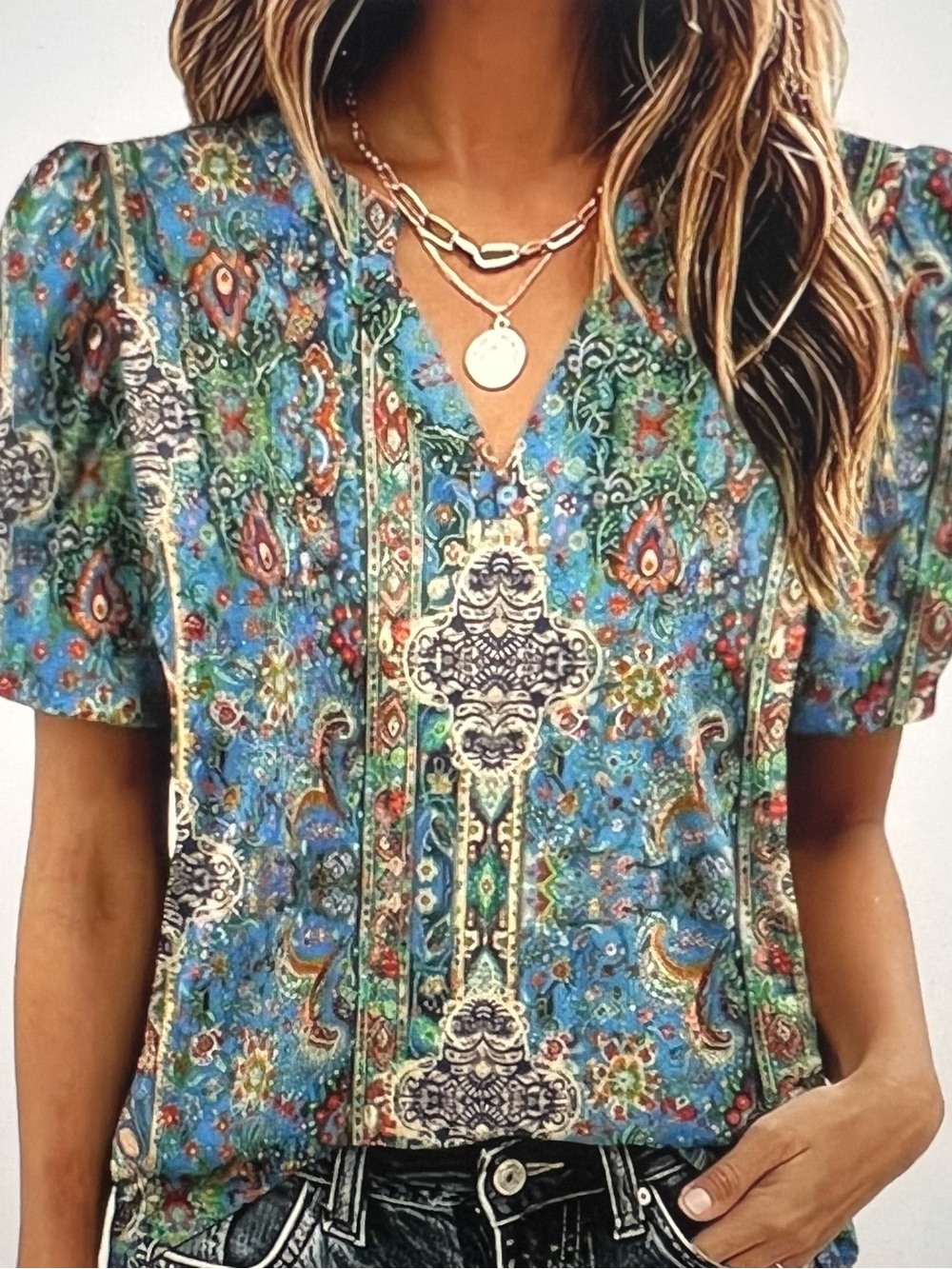 Boho Blue Floral Print V-Neck Top